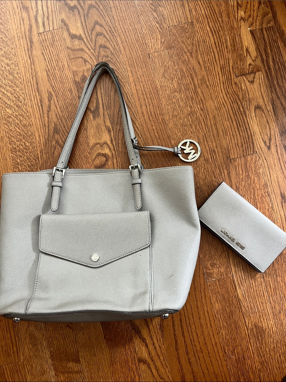 Michael Kors Light Gray Tote with Matching Wallet